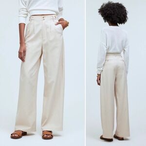 Madewell Harlow Wide-Leg Pants 4 Cream Khaki Pleated High Rise Trousers Linen